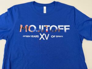 image of a deep blue t-shirt with the mojitoff logo